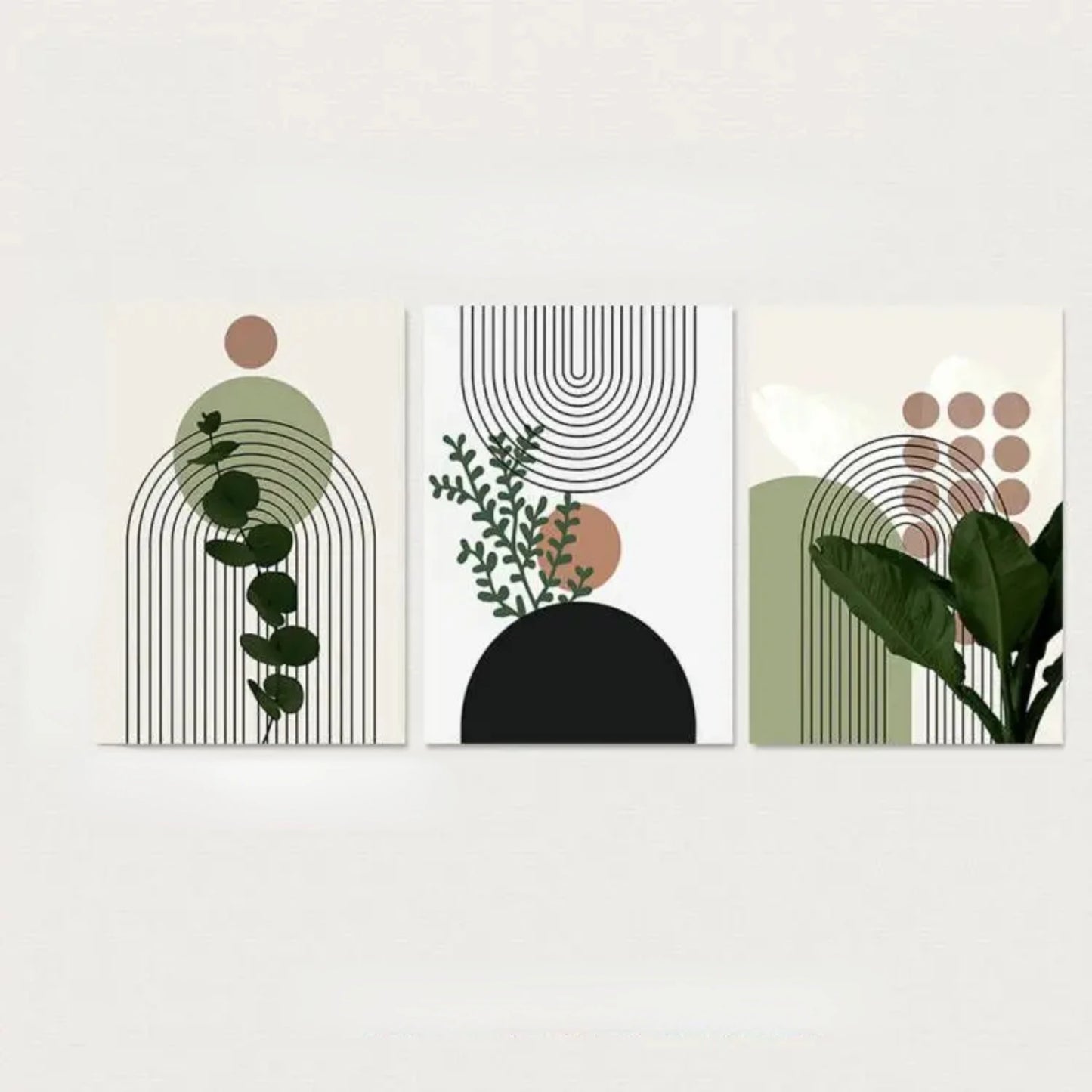 3pcs Modern Abstract Green Plants Leaf Sun Lines Wall Art Canvas Painting Posters Prints Pictures Living Room Decor Gifts Stich