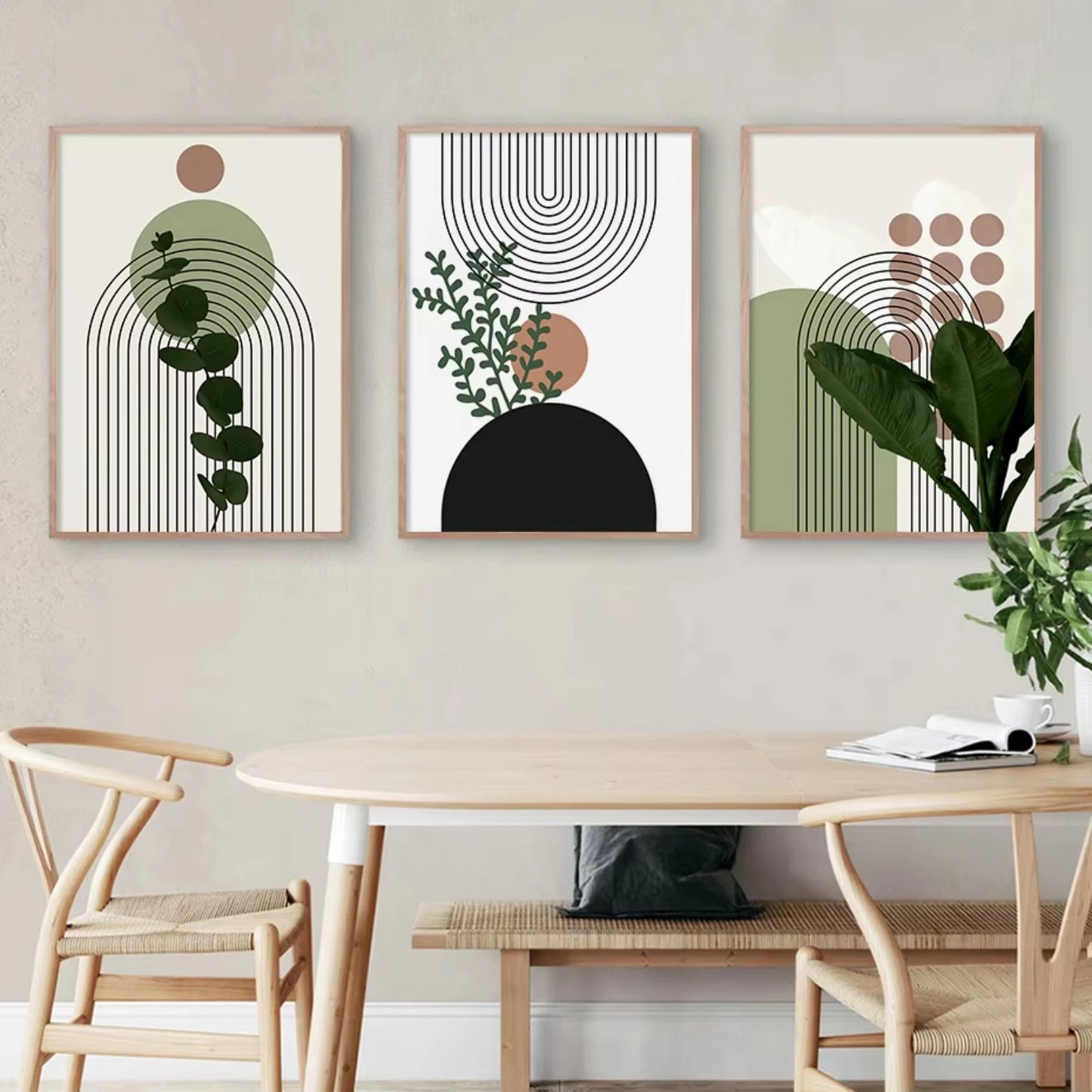 3pcs Modern Abstract Green Plants Leaf Sun Lines Wall Art Canvas Painting Posters Prints Pictures Living Room Decor Gifts Stich