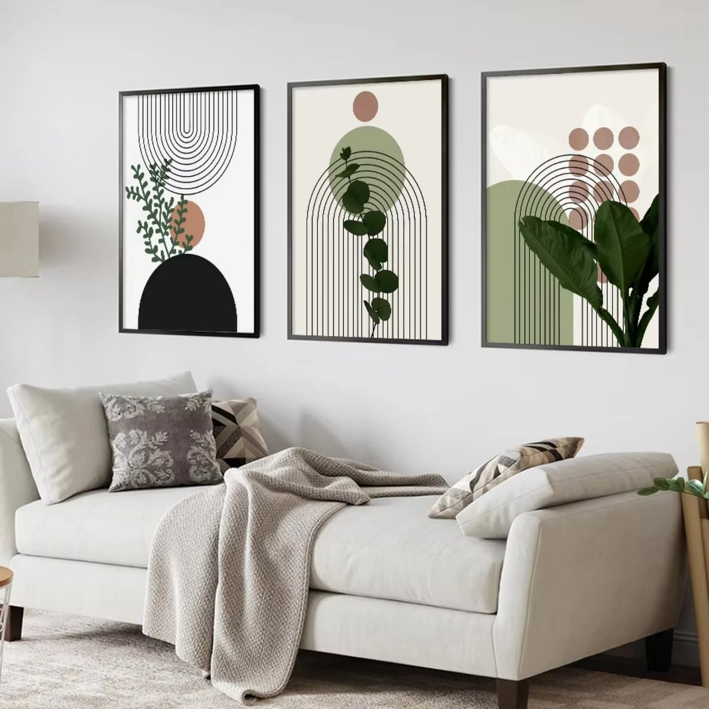 3pcs Modern Abstract Green Plants Leaf Sun Lines Wall Art Canvas Painting Posters Prints Pictures Living Room Decor Gifts Stich