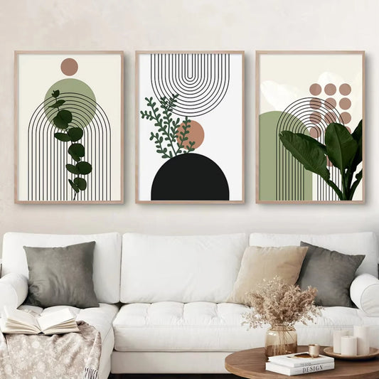 3pcs Modern Abstract Green Plants Leaf Sun Lines Wall  Art Canvas Painting Posters Prints Pictures Living Room Decor Gifts Stich