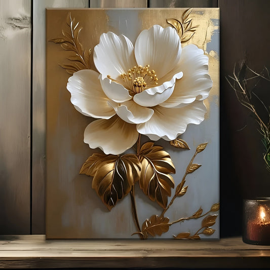 Elegant White Floral Canvas Art – Vintage Gold Flower Wall Decoration with an Enigmatic Touch for Living Room, Bedroom & Office